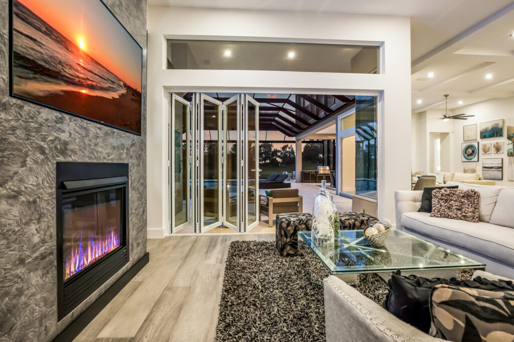 Living room with fireplace and sliding doors