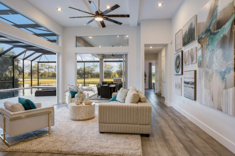 Living room with coastal pictures