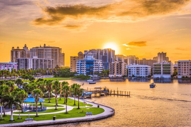 Sarasota city skyline against yellow sunset