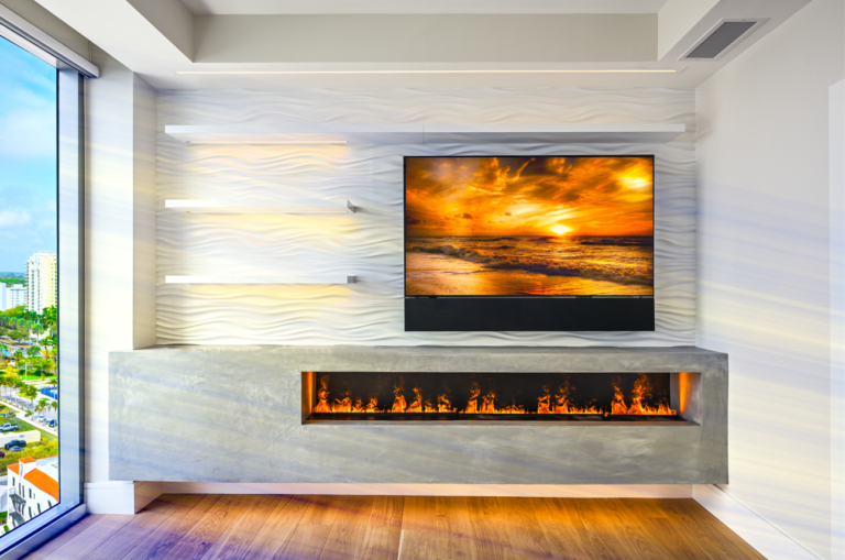 Floating cabinet with fireplace an TV