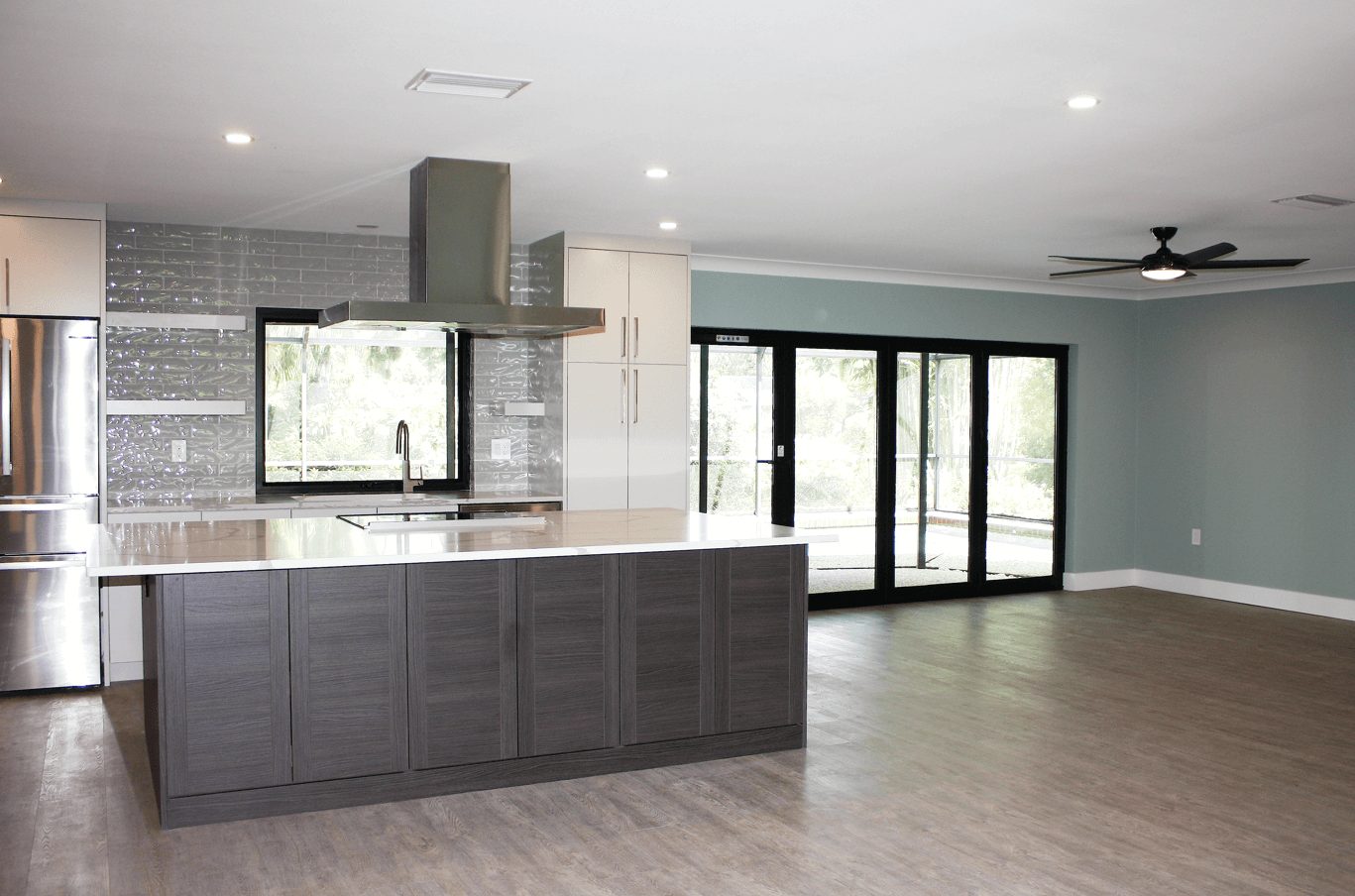 Kitchen island and sliding doors