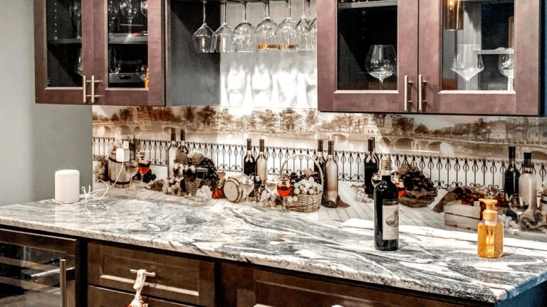 Wine bottles on stone table