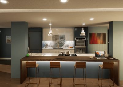 Kitchen with blue cabinets and stools