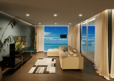 Living room with entertainment center by the window