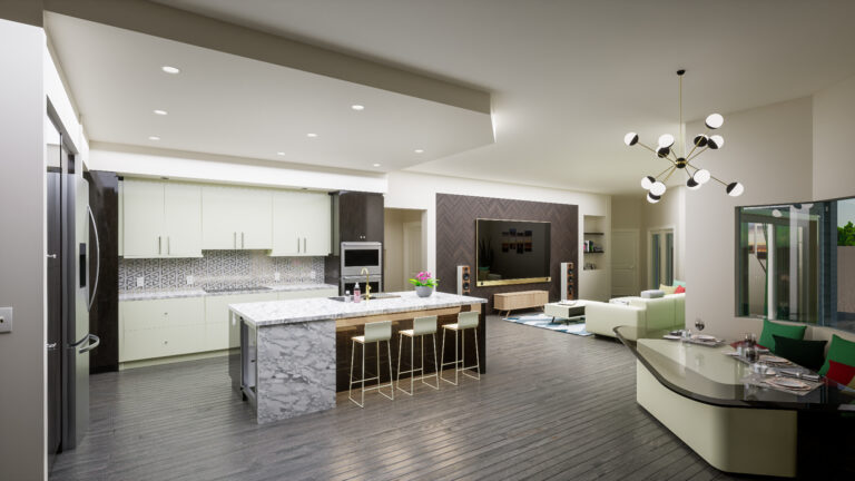 Kitchen with island and open floor plan