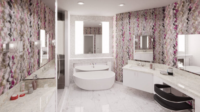 Modern bathroom with pink wallpaper