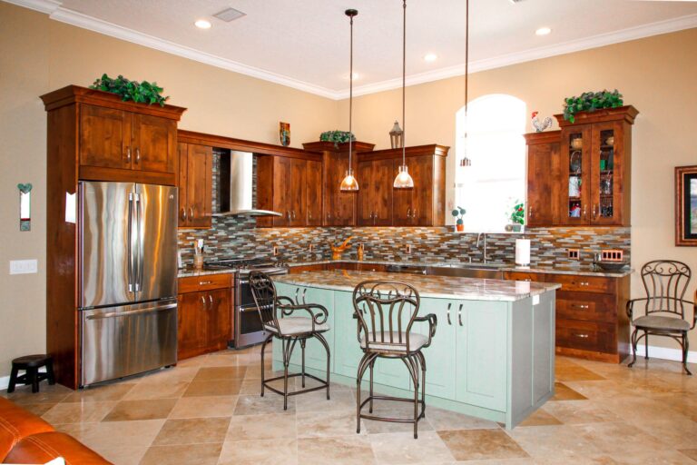 Kitchen with wood cabinets and island