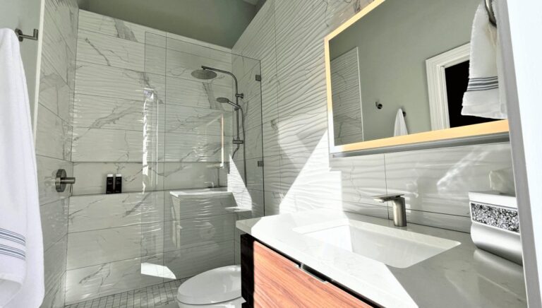 Shower with textured white tile