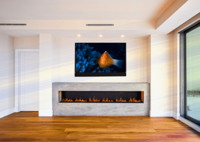 TV with clownfish above concrete-look fireplace surround