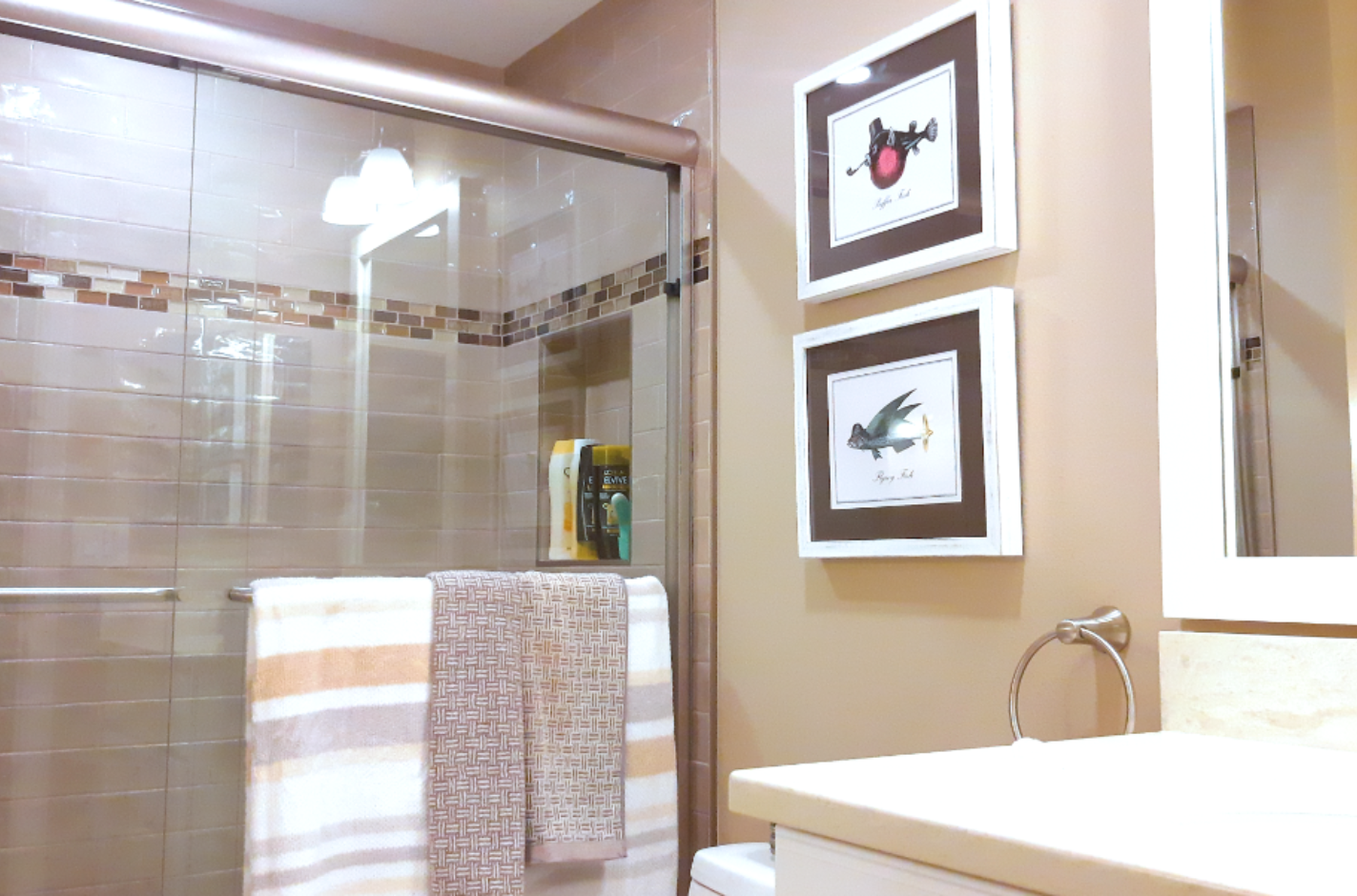 Peach colored bathroom