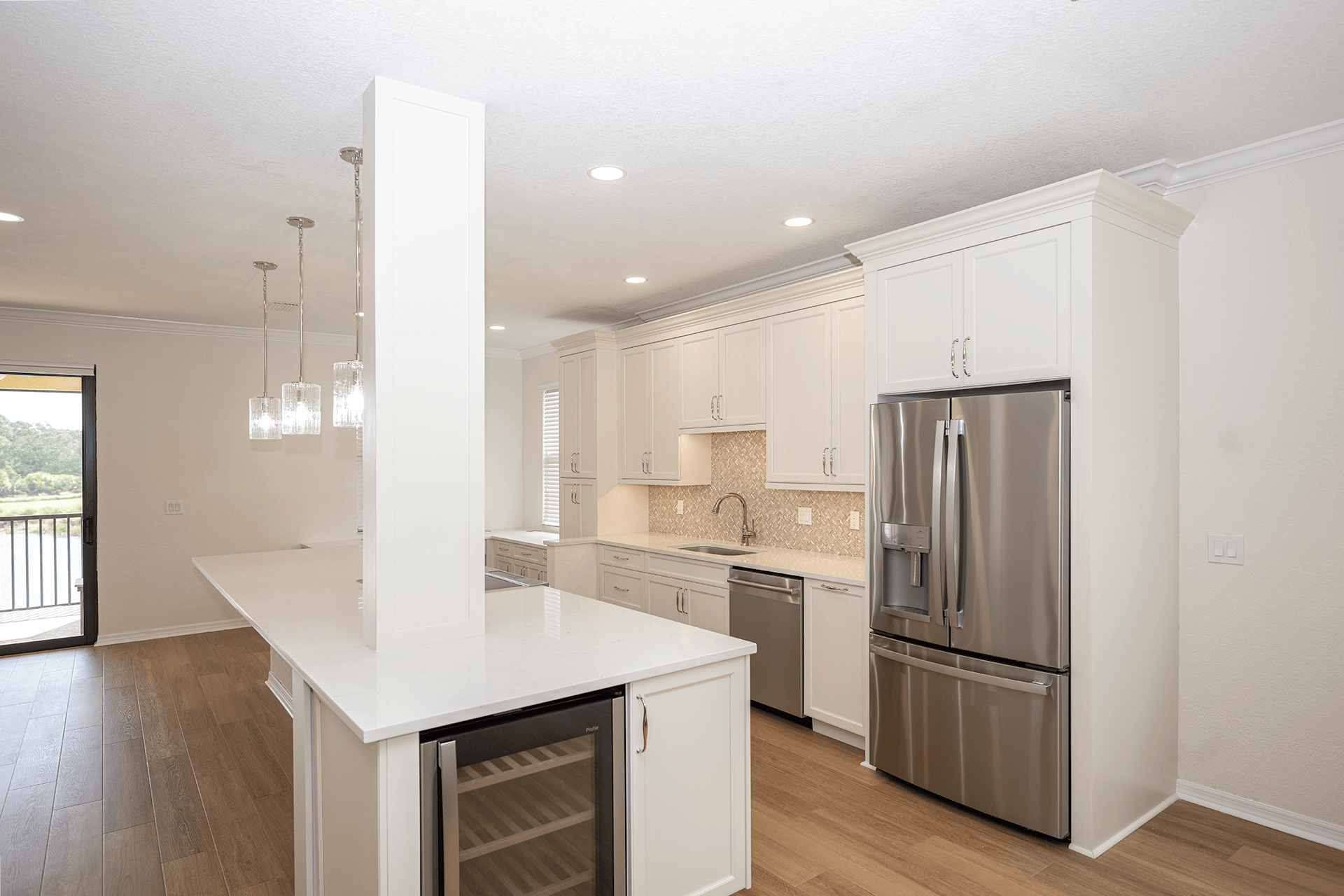 Gray cabinets and blue backsplash