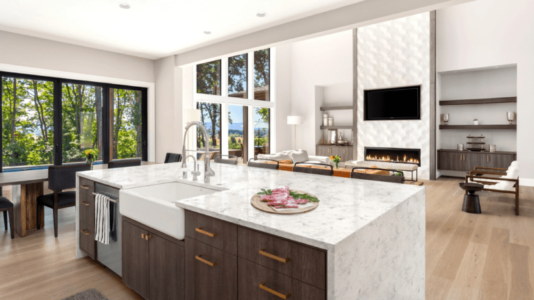 Kitchen island in front of fireplace