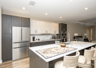 Kitchen with blue and white cabinets