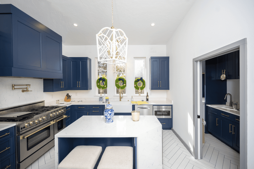 White kitchen with blue cabinets