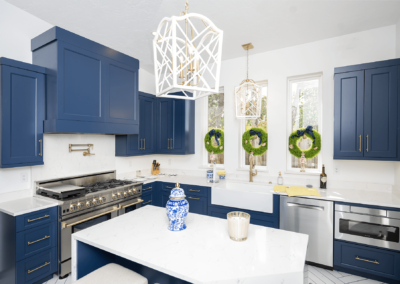 White kitchen with blue cabinets