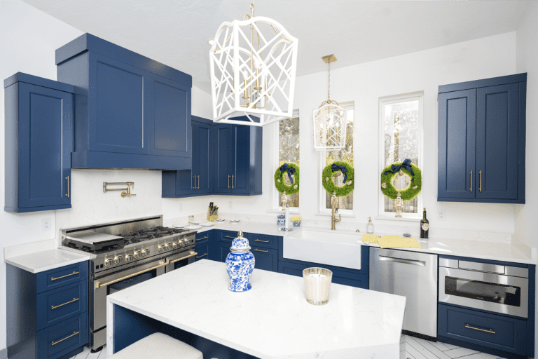 White kitchen with blue cabinets