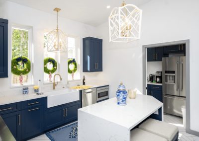 White kitchen with blue cabinets