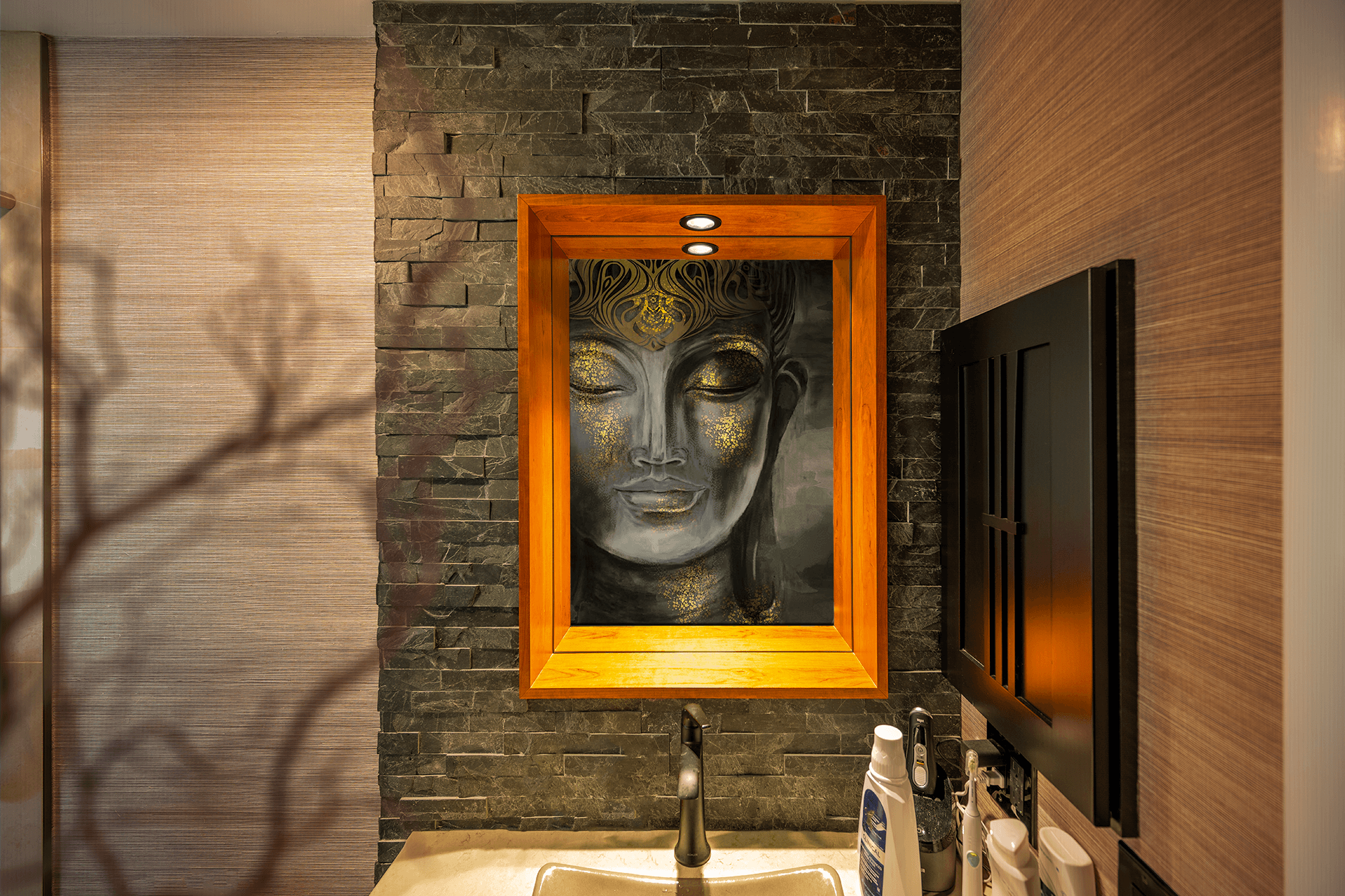 Small bathroom with corner shower and floating vanity