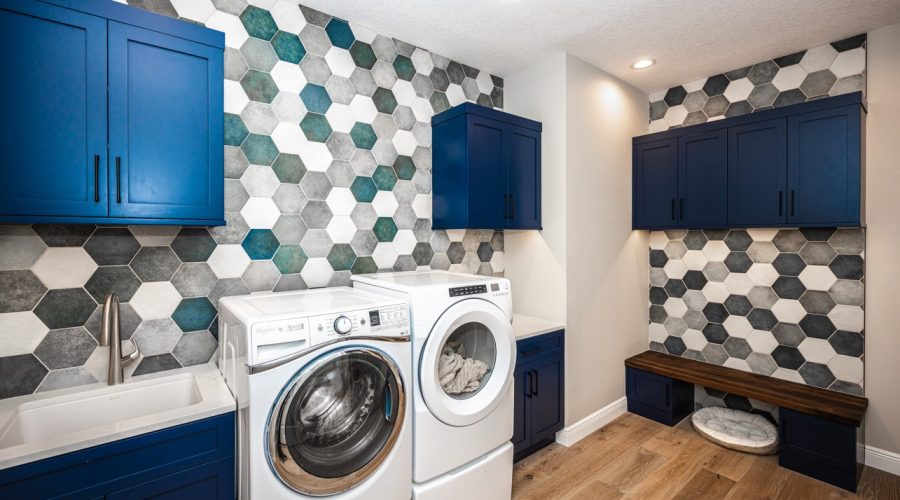 Blue hexagon tile on laundry room wall