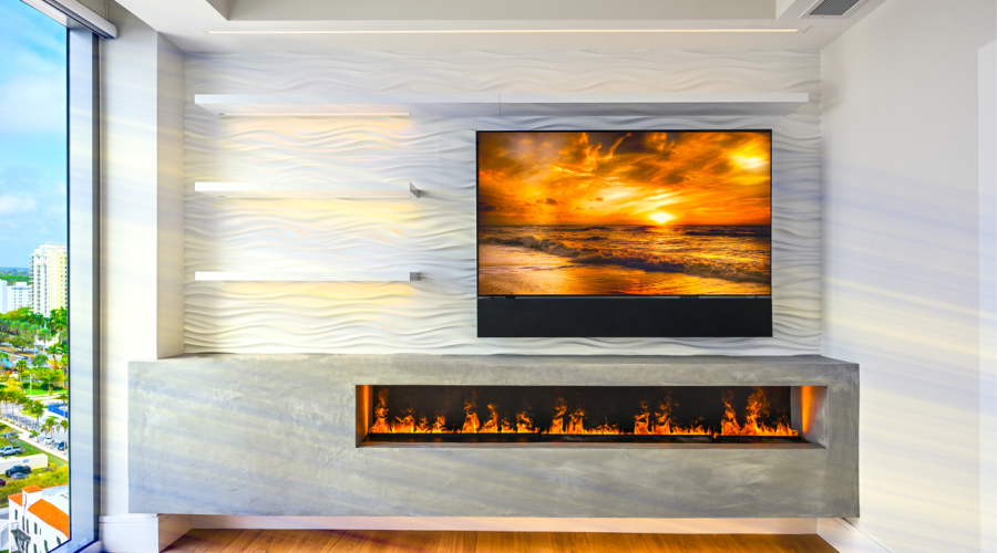 Floating cabinet with fireplace an TV