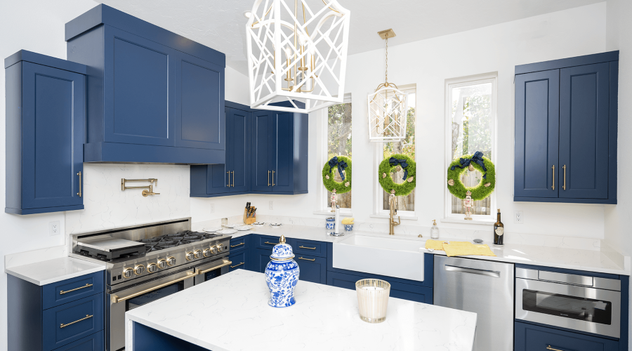 White kitchen with blue cabinets